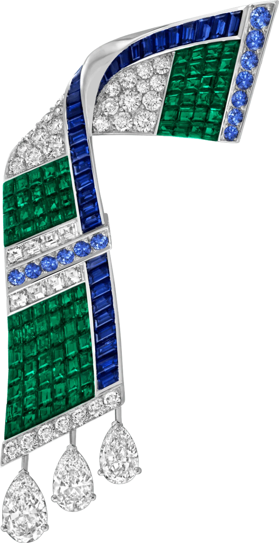 Draperie Mystérieuse clip in white and rose gold with diamonds, emeralds and sapphires