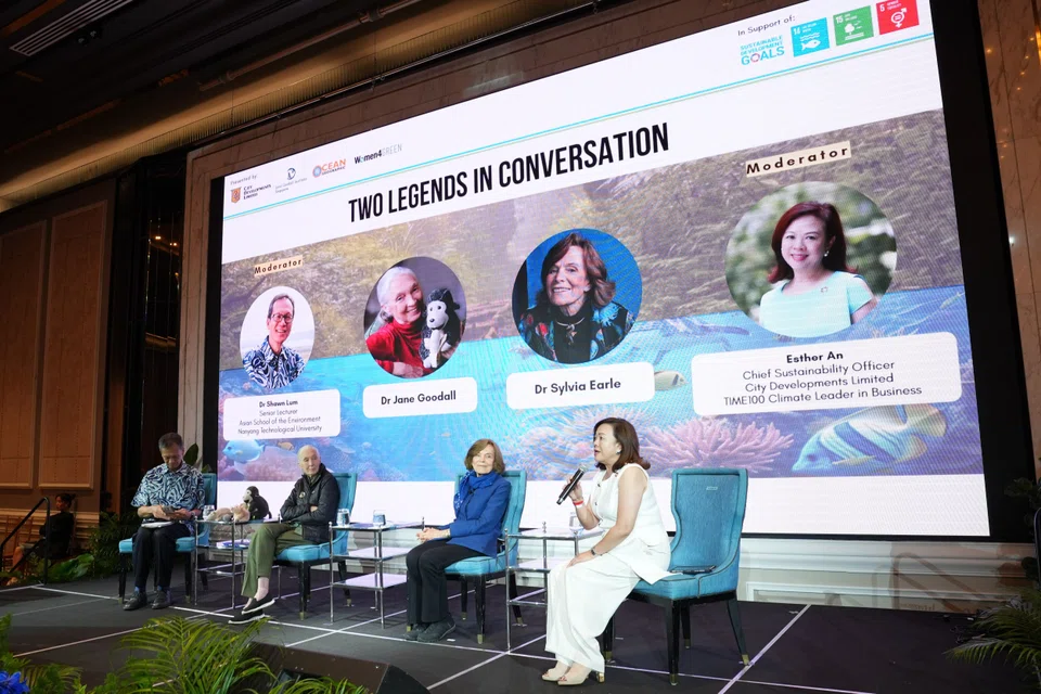 From left: Dr Shawn Lum, senior lecturer at Nanyang Technological University’s Asian School of the Environment; Dr Jane Goodall, founder of the Jane Goodall Institute; Dr Sylvia Earle, founder of Deep Hope and Mission Blue; and Esther An, chief sustainability officer of CDL.