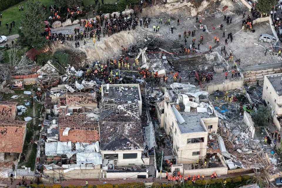 A drone view of the scene of a fatal Iranian strike, after Iran launched missile barrages following attacks by the U.S. and Israel on Saturday, in Beit Shemesh, Israel March 1, 2026.  