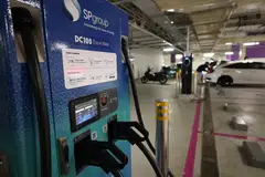 An electric vehicle fast-charger at HDB Hub in Toa Payoh. 
