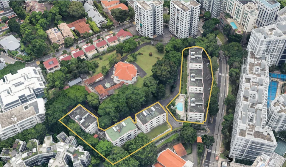 The Oxley Garden site, outlined in yellow, can be rebuilt into a five-storey condominium with a gross floor area of 85,246 square feet, based on its existing gross plot ratio of 1.4645.