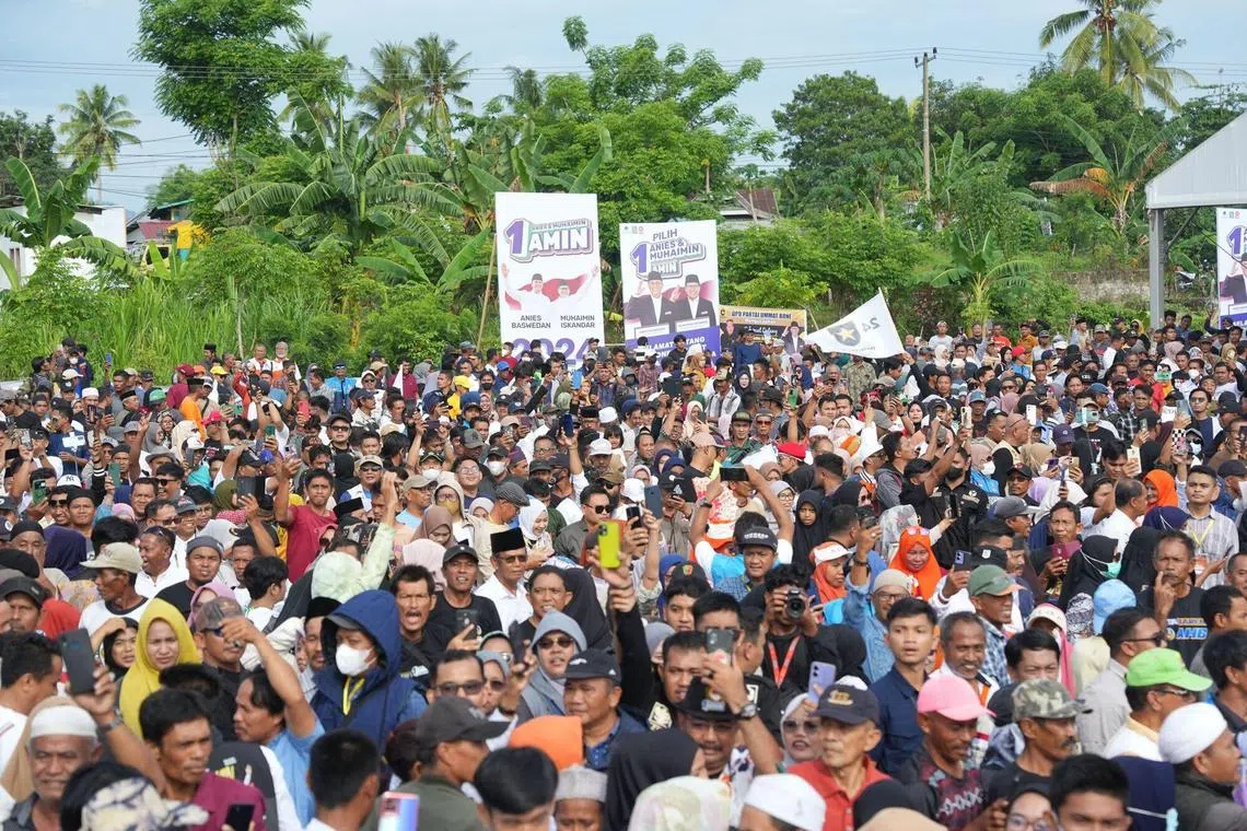 Thousands of Indonesians at an election campaign rally in South Sulawesi on Jan 17. The three presidential candidates have each promised to roll out policies if they are successful at the Feb 14 poll.