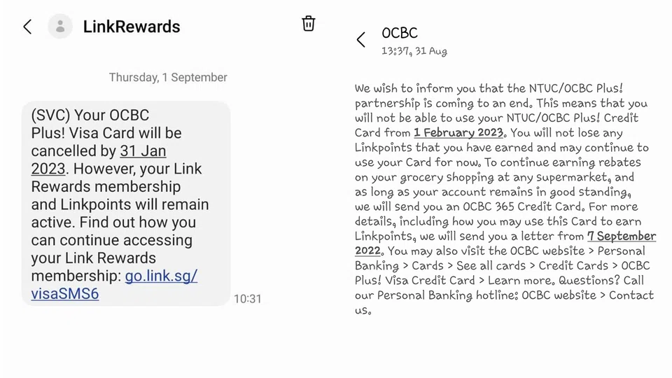 Both NTUC and OCBC sent cardholders SMSes to inform them that their card would be cancelled, although NTUC included a clickable link in its SMS to Link Rewards members.