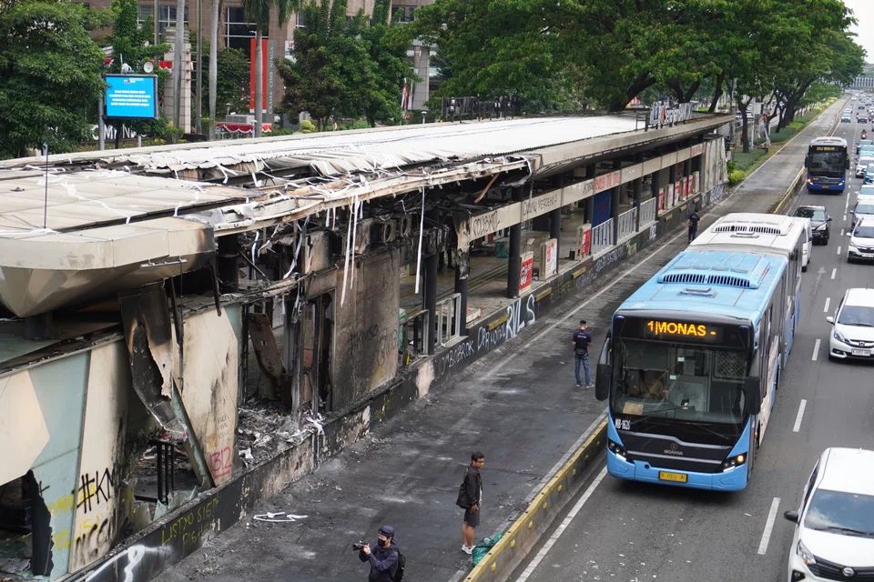 A damaged bus stop in central Jakarta. The current wave of protests in Indonesia underscores a growing crisis of confidence in Prabowo’s leadership.