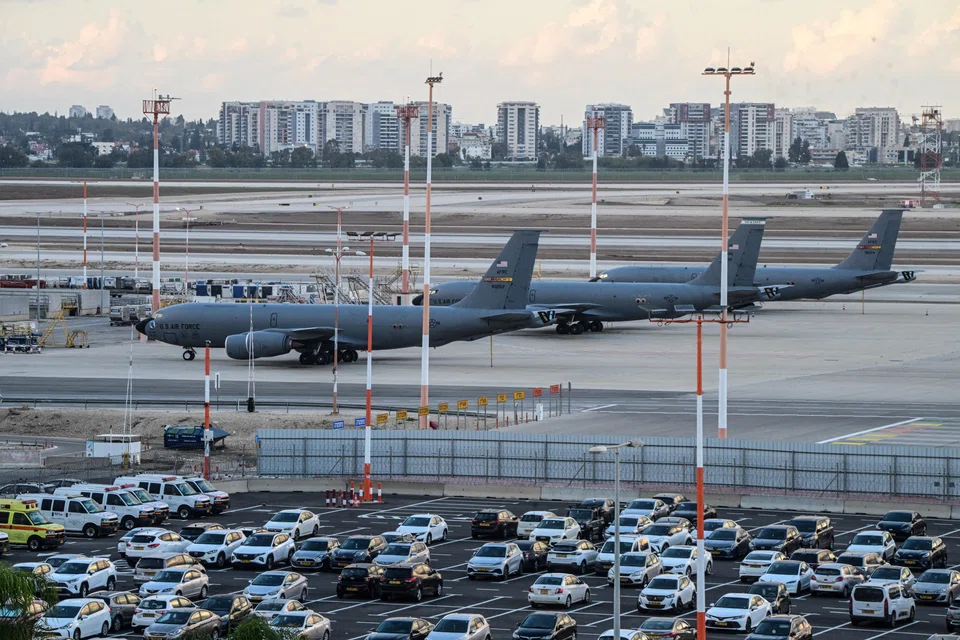 US Air Force tanker aircrafts lined up at Ben Gurion International airport near Tel Aviv in Israel, Feb 24, 2026. The airport said that starting on Tuesday, “flight operations will gradually expand depending on the security situation.”  