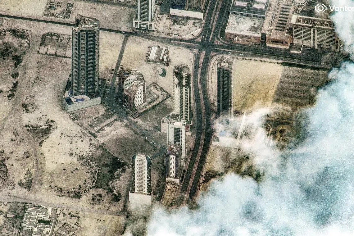 Damaged residential buildings in Manama, Bahrain's capital, following an Iranian drone attack on Mar 2.
