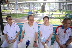 From left: Muhammad Faishal Ibrahim, Nee Soon GRC MP; Marine Parade MP Tan See Leng; Diana Pang, chairman of Fengshan Women's Executive Committee and People's Association Women's Integration Network Council; and Geylang Serai MP Fahmi Aliman at Eunos on March 30.