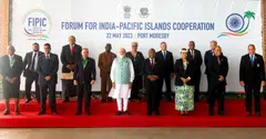 Papua New Guinea's Prime Minister James Marape (fourth from right), India’s Prime Minister Narendra Modi (fourth from left) and leaders posing for a group photo during the Forum for India-Pacific Islands Cooperation in Port Moresby. Papua New Guinea, May 22, 2023.