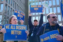 Union leaders and workers rally outside the Office of Personnel Management (OPM) headquarters in Washington, D.C., March 04, 2025. Workers gathered to protest recent cuts made to the department by Elon Musk's Department of Government Efficiency (DOGE).   
