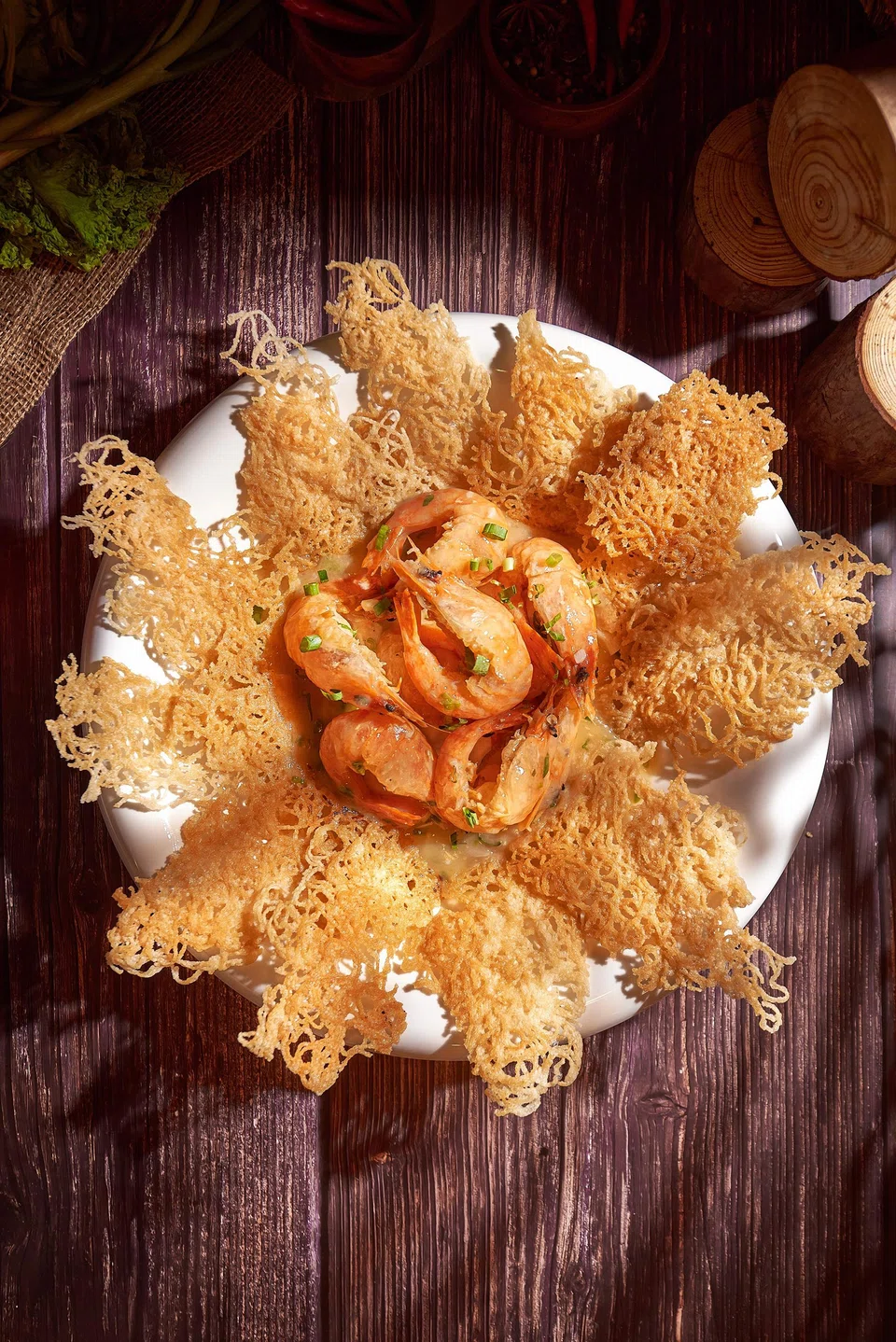 Tiger prawns and crispy vermicelli are a crunchy treat.