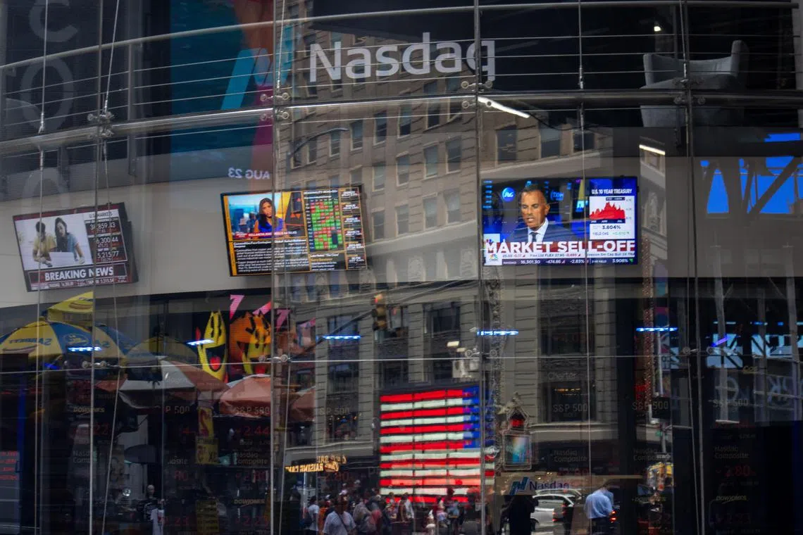 The Nasdaq stock exchange in New York on Aug 5. There was a massive global stock-market sell-off in reaction to the US unemployment report.