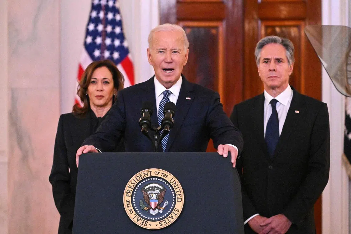 US President Joe Biden, alongside Vice-President Kamala Harris (left) and Secretary of State Antony Blinken (right), speaks about the Israel-Hamas ceasefire and hostage release deal at the White House, Washington D.C.. Jan 15, 2025. 