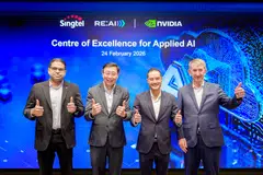 From left: Singtel Digital InfraCo CTO Manoj Prasanna Kumar, Digital InfraCo CEO Bill Chang, Senior Minister of State (Digital Development and Information) Tan Kiat How, and Nvidia solutions senior vice-president Marc Hamilton.