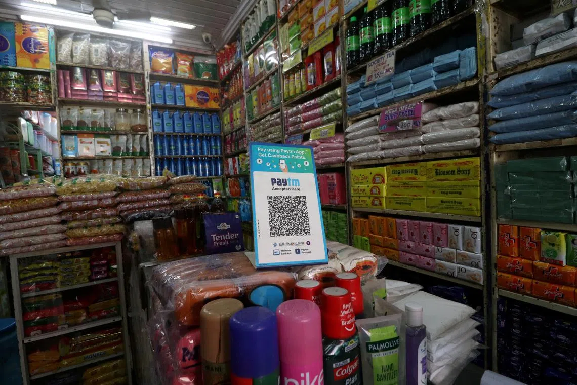 A Paytm QR code at a grocery shop in Mumbai. India's consumer technology stocks are on a tear this year, including Paytm's parent One 97 Communications Ltd.