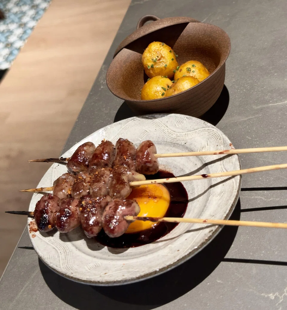 Grilled skewers of chicken hearts, yakitori-style.