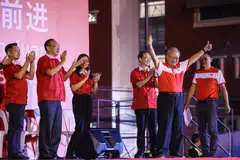 PSP chairman Dr Tan Cheng Bock (second from right) at Thursday's (Apr 24) rally held at Catholic High School. 