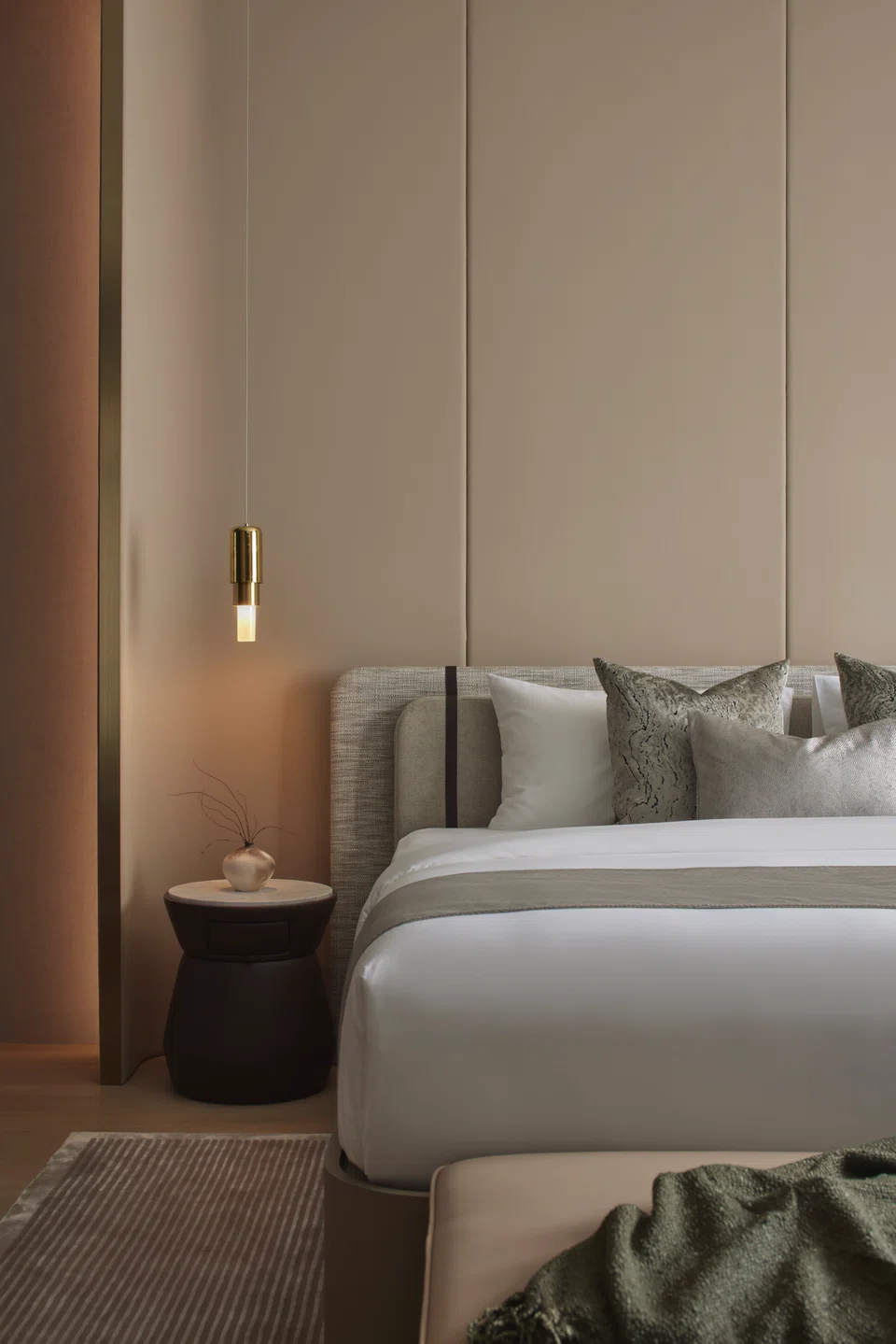 The master bedroom is as tranquil as the gathering spaces. 