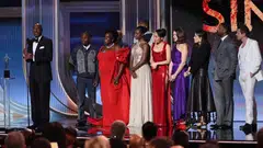 Delroy Lindo and cast and crew from "Sinners" accept the award for Best Movie Cast in a Motion Picture during the Actor Awards in Los Angeles, California, March 1, 2026. 