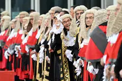 Judges wearing robes and horsehair wigs attend a ceremony held to mark the opening of the legal year in Hong Kong on January 20, 2025.