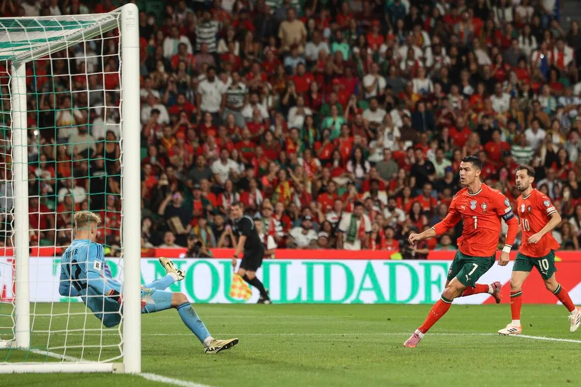Portugal player Cristiano Ronaldo scores the second goal during the 2026 Fifa World Cup European Qualifiers match between Portugal and Hungary at the Jose Alvalade stadium, Lisbon, Portugal, Oct 14, 2025.  