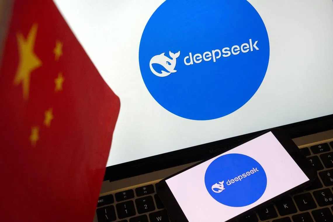 The logos for the DeepSeek AI service next to a Chinese flag arranged in Beijing, China, on Monday, Feb. 17, 2025. Optimism over AI's potential has sparked a blistering rally in China's stock market over the past month, turning the Hang Seng China Enterprises Index into the world’s best-performer. Photographer: Andrea Verdelli/Bloomberg