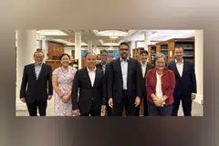 WP chief Pritam Singh (fourth from right) with the party's other elected MPs (from left) Dennis Tan, He Ting Ru, Faisal Manap, Gerald Giam, Jamus Lim, Sylvia Lim and Louis Chua.