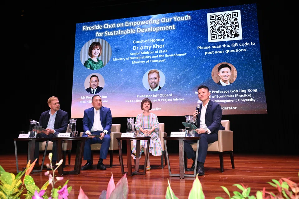 From left: Prof Jeff Obbard, NYAA climate change adviser; Wong Kee Joo, CEO, HSBC; Dr Amy Khor, senior minister of state for sustainability and the environment; and moderator Asst Prof Goh Jing Rong, Singapore Management University, at a fireside chat at the launch event.