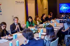 Thales Group chairman and CEO Patrice Caine (second from left) and country director Emily Tan (third from left) meeting reporters on Wednesday (Oct 5).