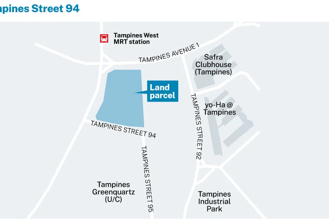 The plot in Tampines has a site area of 23,510.7 sq m and a maximum gross floor area of 61,834 sq m. It can potentially yield 585 units.