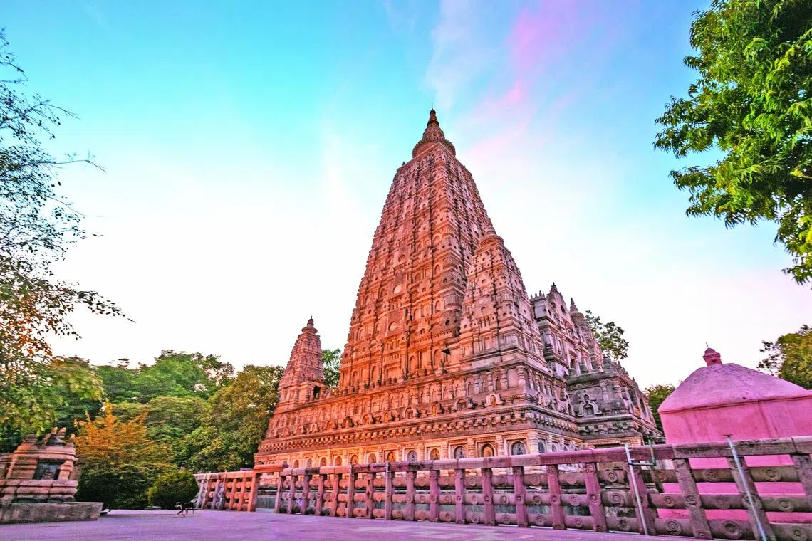 Mahabodhi Temple at dusk in Bodhgaya, Gaya, Bihar, India.Bodhgaya is the place where Buddha got enlightenment after seven weeks of meditation , so it's the most sacred place of Buddhism and a must visit destination for buddhist pilgrimage.