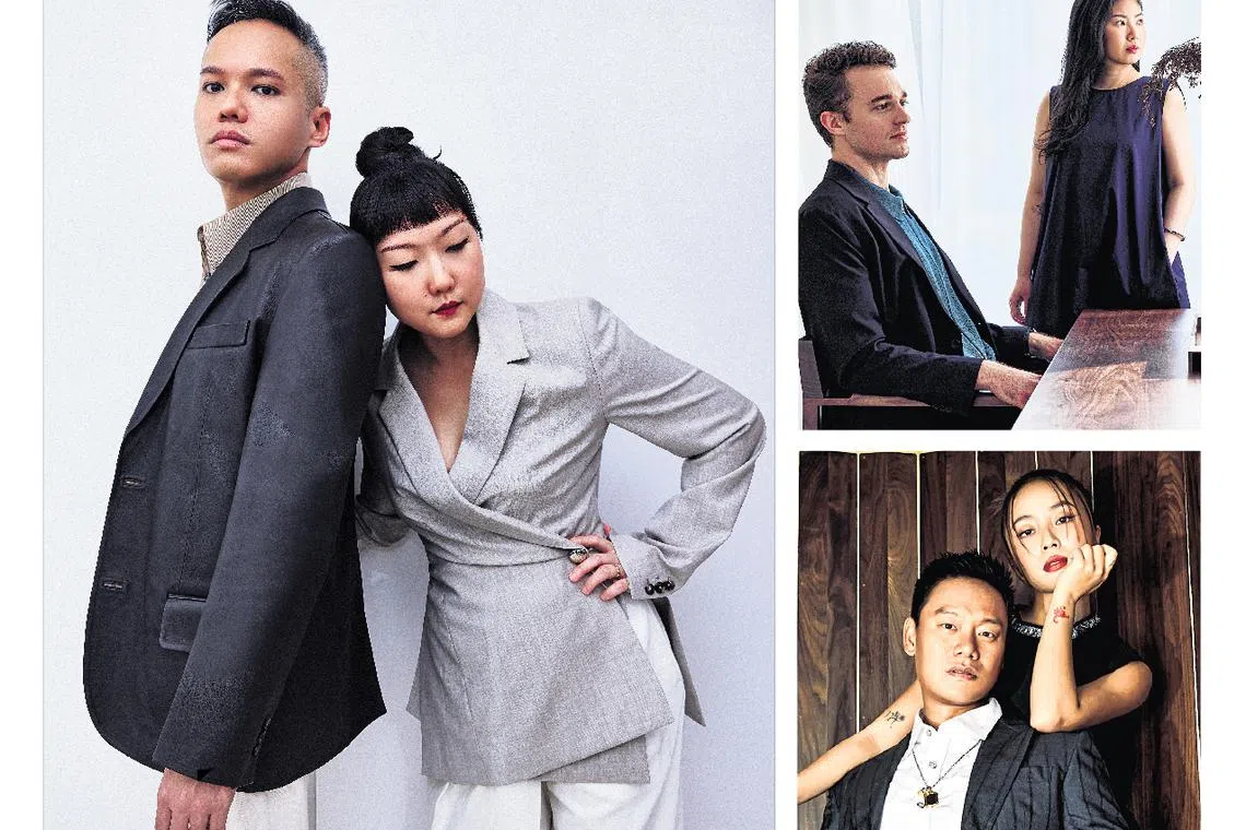 Power couples (clockwise from left): Hunn Wai and Olivia Lee; Melissa Ng and Rackley Nolan;  Andrew Li and Germaine Tan.