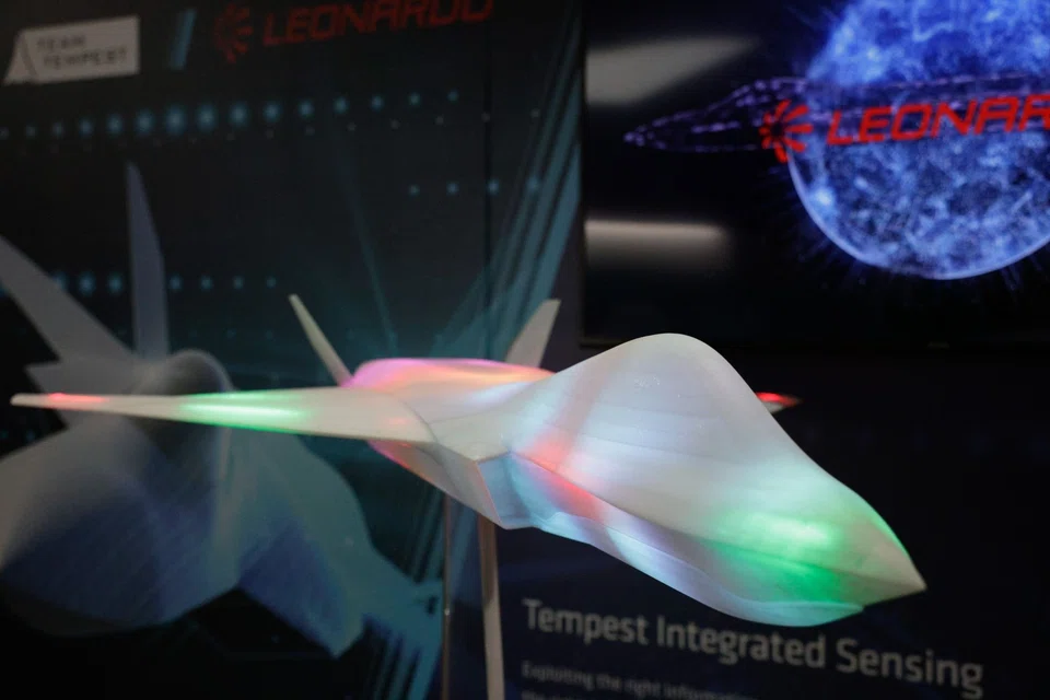 A model demonstrating the sensors on a Tempest, the UK's new fighter jet, at the Leonardo stand on the opening day of the Farnborough International Airshow in Farnborough, UK, on Monday (Jul 18). The airshow, one of the biggest events in the global aerospace industry, runs through July 22. Photographer: Jason Alden/Bloomberg