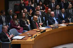 US Deputy Ambassador to the UN Robert Wood votes against a resolution allowing Palestinian UN membership at United Nations headquarters in New York, April 18, 2024.