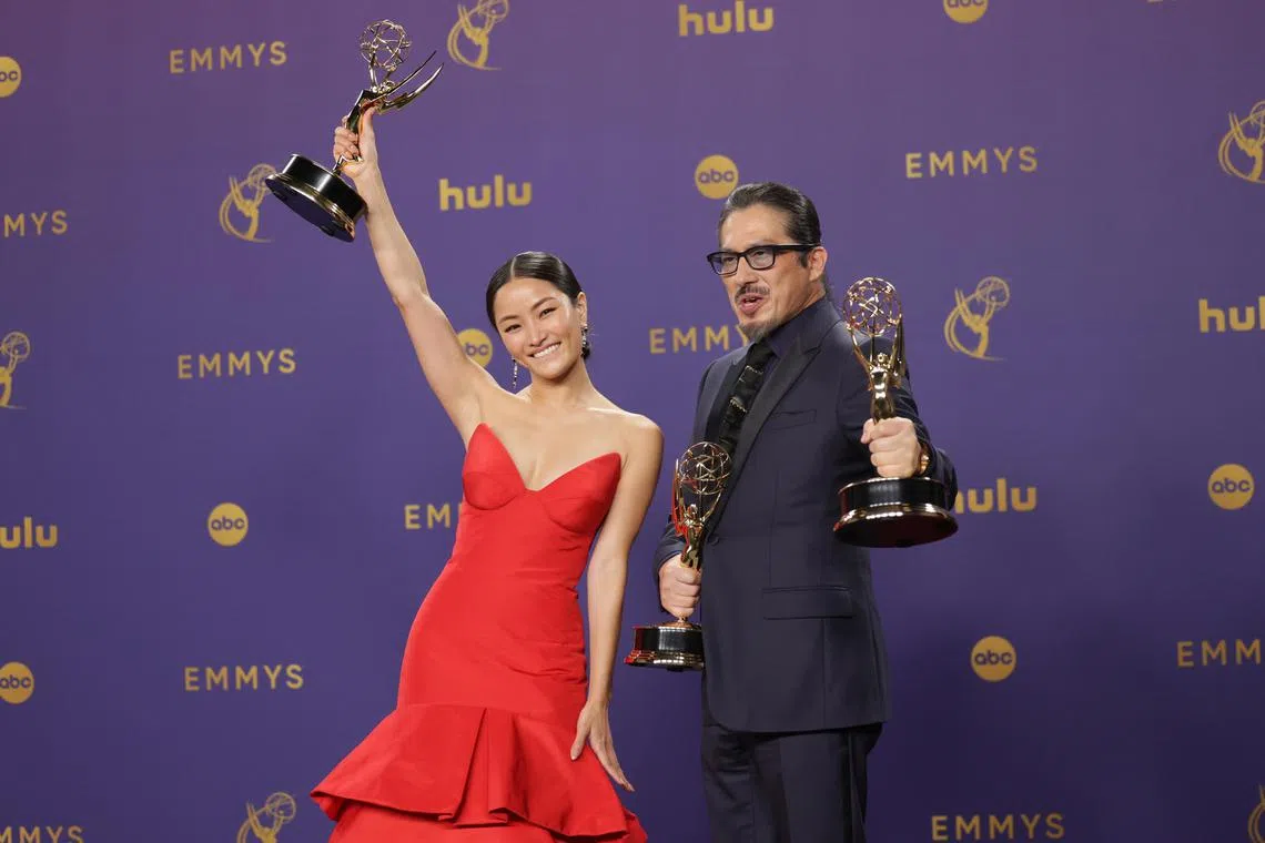 (From left) Japanese actress Anna Sawai, winner of the Outstanding Lead Actress in a Drama Series award for 'Shogun' and Japanese actor Hiroyuki Sanada, winner of the Outstanding Lead Actor in a Drama Series award for 'Shogun' at the 76th annual Emmy Awards, Los Angeles, California, Sept 15, 2024.