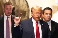 Former US President Donald Trump leaves Manhattan Supreme Court on the sixth day of the hush money trial against him on April 23 2024.