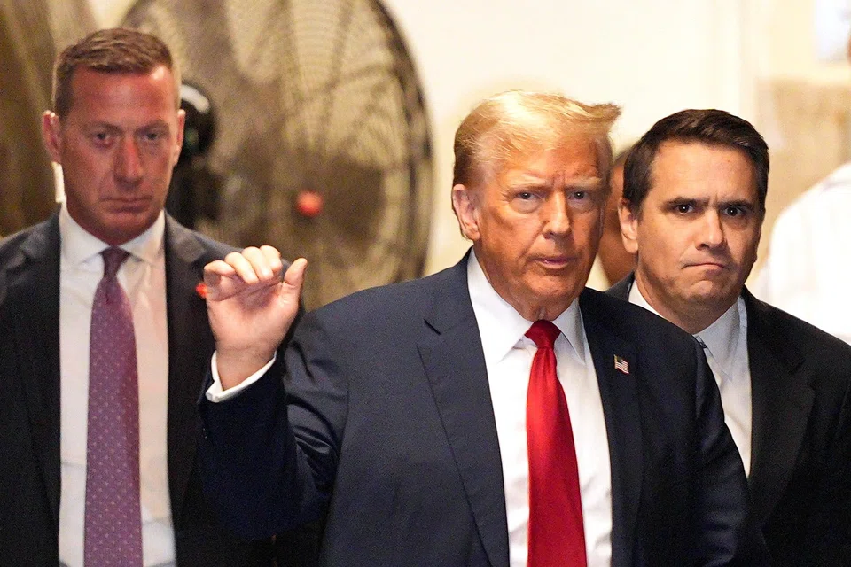 Former US President Donald Trump leaves Manhattan Supreme Court on the sixth day of the hush money trial against him on April 23 2024.