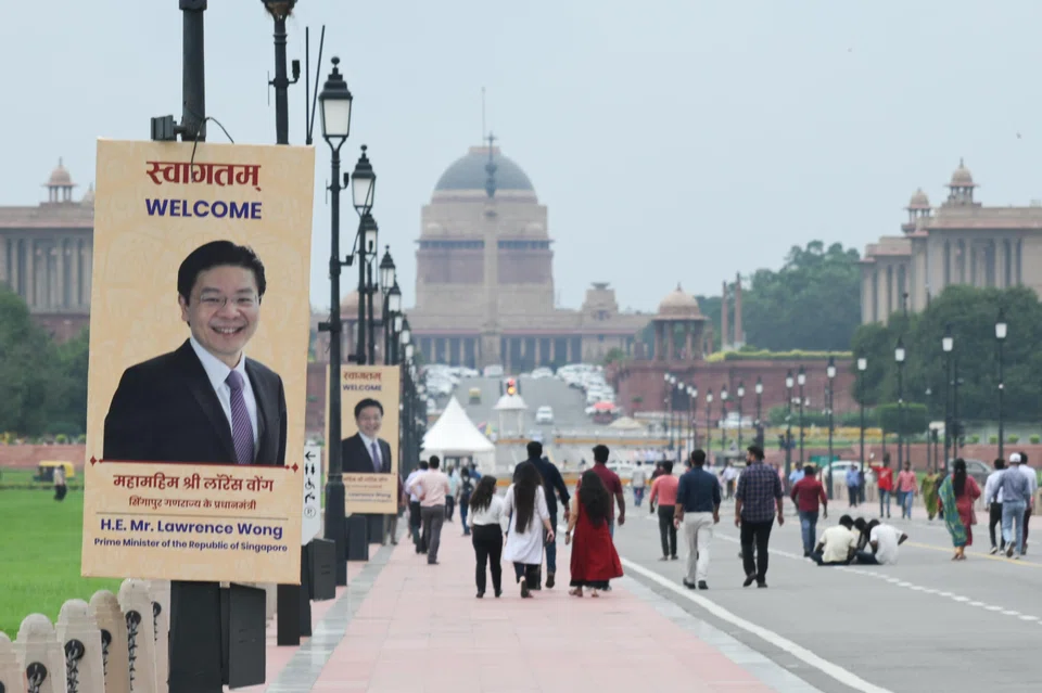 Welcome signage showing Prime Minister Lawrence Wong in front of the Rashtrapati Bhavan in New Delhi on  Sep 2.