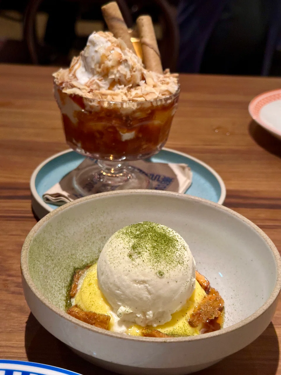Desserts of jackfruit fritters (below) and coconut sundae (top).