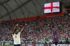 England's teenage star Jude Bellingham celebrates after scoring the opening goal in his team's 6-2 thrashing of Iran at the World Cup in Qatar on Nov 21, 2022.