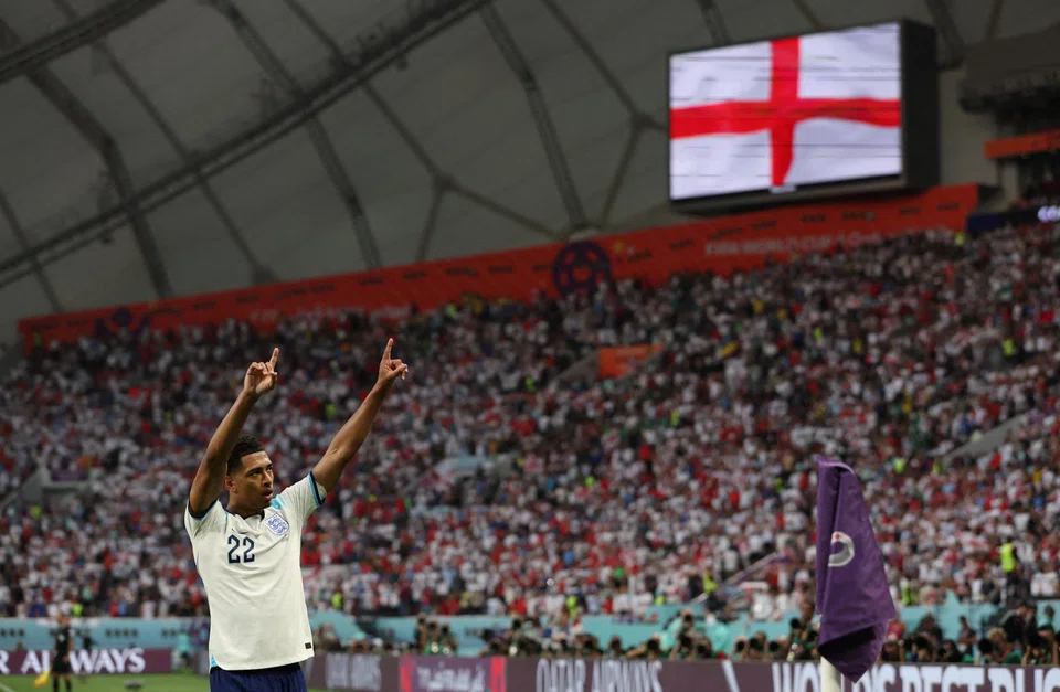 England's teenage star Jude Bellingham celebrates after scoring the opening goal in his team's 6-2 thrashing of Iran at the World Cup in Qatar on Nov 21, 2022.
