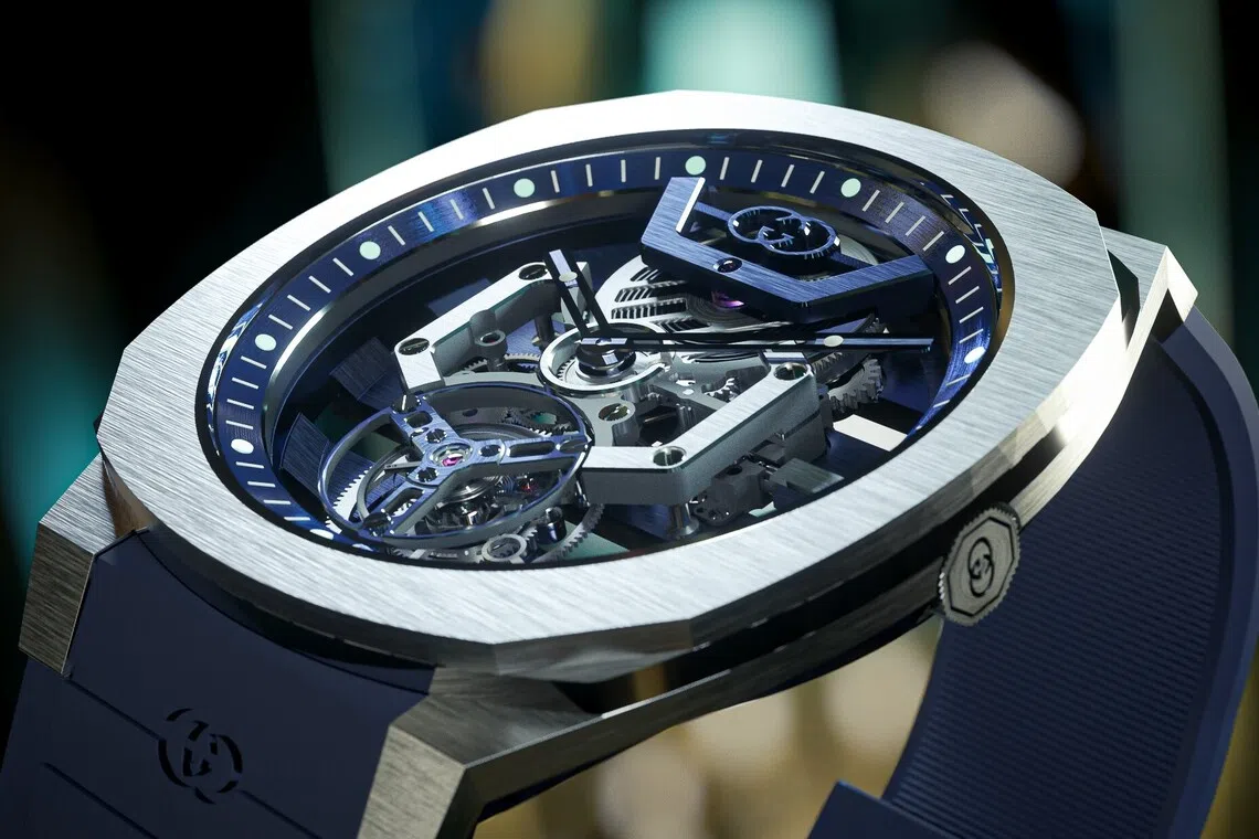 Despite the Gucci 25H Skeleton Tourbillon's heavyweight complication, the slim case measures just 8 millimetres wide.