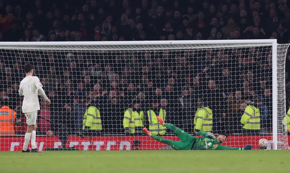 Arsenal's Kai Havertz has his penalty saved by Manchester United's Altay Bayindir during the penalty shoot-out at the Emirates Stadium, London, Britain, Jan 12, 2025.