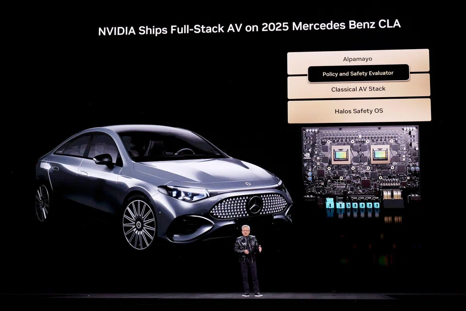 Jensen Huang, CEO of Nvidia, announced the details about the company's new MB.Drive Assist Pro for Mercedes-Benz, at CES 2026 in Las Vegas on Jan 5. 