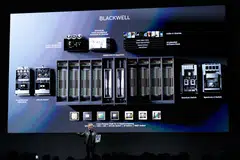Jensen Huang, co-founder and chief executive officer of Nvidia, in front of a screen displaying the Blackwell computing platform; Nvidia unveiled Blackwell chips in March.