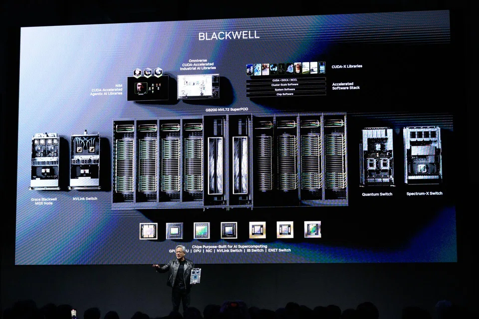 Jensen Huang, co-founder and chief executive officer of Nvidia, in front of a screen displaying the Blackwell computing platform; Nvidia unveiled Blackwell chips in March.