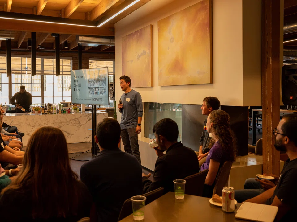 A photo provided by Rebecca Sanchez/Snap-Shoppe shows a session of Founders You Should Know, a speaker series run by Jen Yip that features leaders of A.I. companies speaking to an audience of mostly engineers looking for their next gig. 