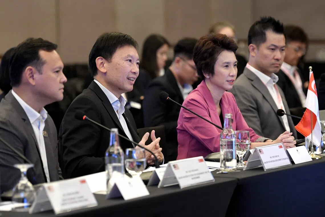 Singapore’s Minister for National Development Chee Hong Tat (second from left) with (from left) Senior Minister of State for Sustainability and the Environment and Defence Zaqy Mohamad and Senior Minister of State for Trade and Industry Low Yen Ling at the 17th JMCIM meeting in Kuala Lumpur on Tuesday.  