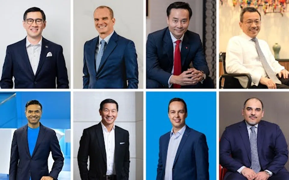 Clockwise from top left: Dennis Tan, CEO, Prudential Singapore, Brendan Carney, CEO, Citibank Singapore, Shee Tse Koon, group executive and Singapore country head, DBS, Lim Khiang Tong, group chief operating officer, OCBC,  Shayan Hazir, chief digital officer for Asean, HSBC,  Michele Ferrario, co-founder and CEO, StashAway,  Kevin Lam, head of TMRW and group digital banking, UOB, Dwaipayan Sadhu, CEO, Trust Bank