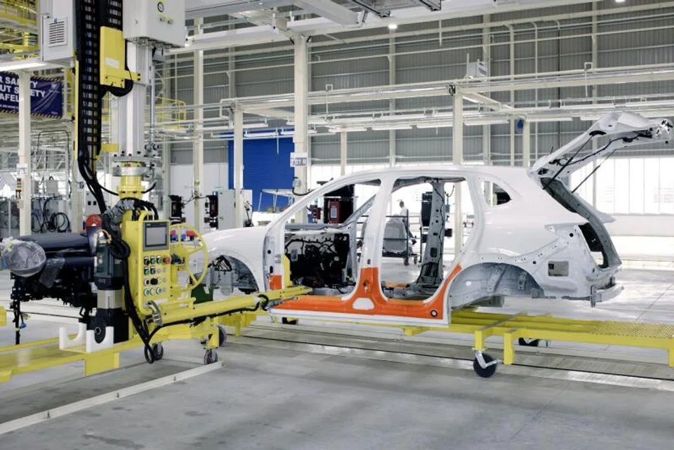Components for the Proton's e.MAS 7 electric vehicle at the company's plant in Tanjung Malim, Perak, Malaysia.