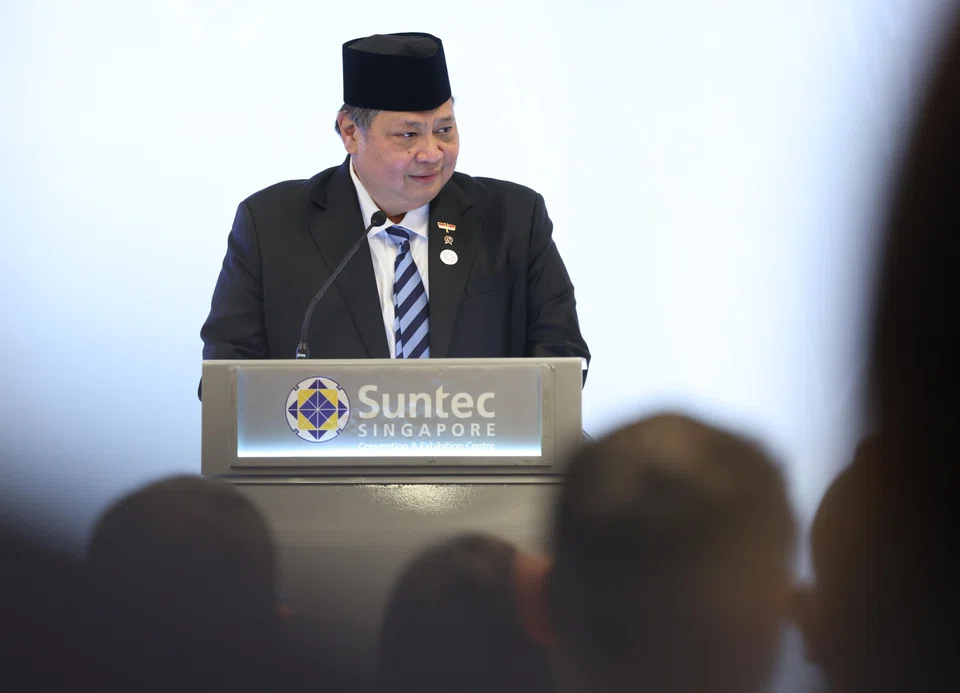 Airlangga Hartarto, Indonesia's Coordinating Minister for Economic Affairs, speaking at the "Islands of Growth" business forum in Singapore on Nov 18, 2025.